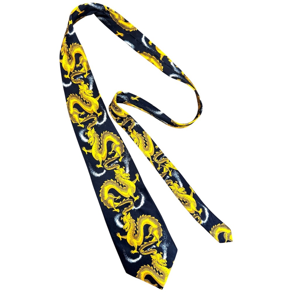VTG Kai Long Mens Navy Blue Yellow Dragon Print 100% Silk Hand Made Necktie Tie